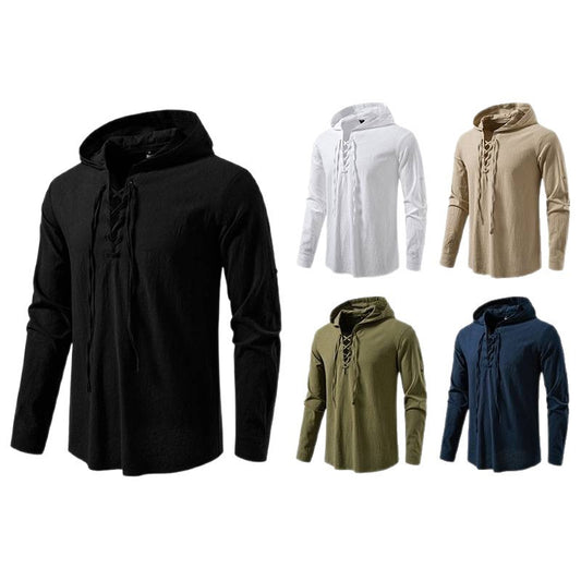 New Medieval Pirate Drawstring Men's Cotton Linen Long Sleeve