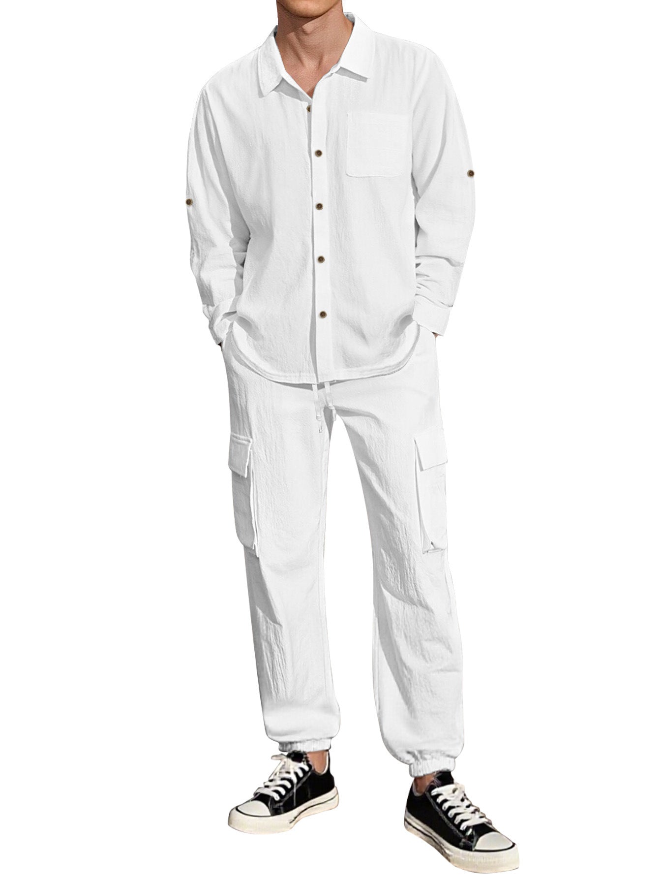 Long Sleeve Lapel Linen Shirt Overalls Suit