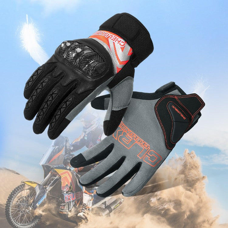 Motorcycle riding gloves made of carbon fiber.