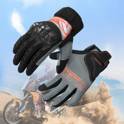 Motorcycle riding gloves made of carbon fiber.