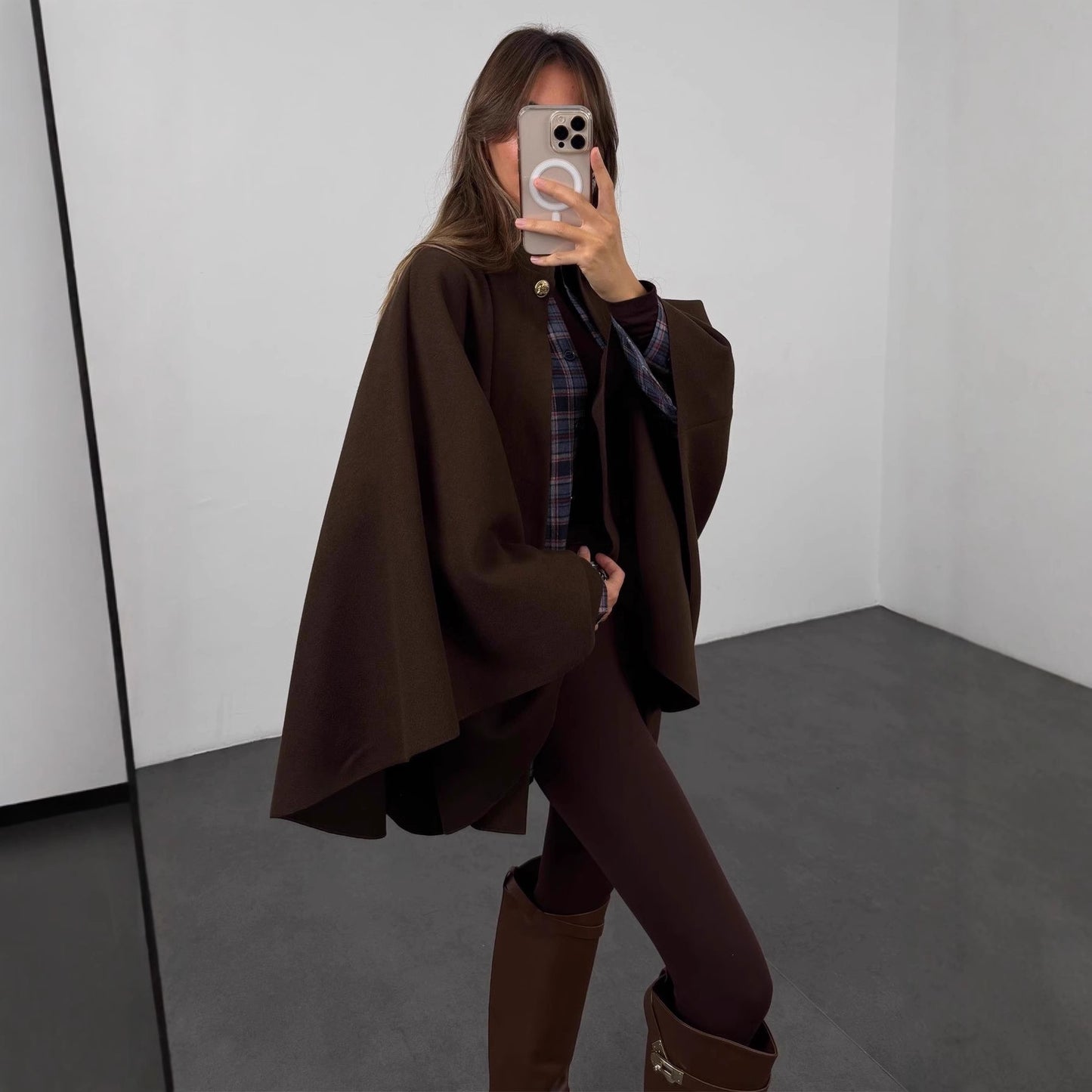 Winter Elegant Style Solid Color Waist Tight Woolen Cape Coat Medium Length