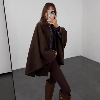 Winter Elegant Style Solid Color Waist Tight Woolen Cape Coat Medium Length