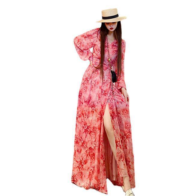 Floral V-neck Pure Desire Split Long Sleeve Dress