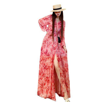 Floral V-neck Pure Desire Split Long Sleeve Dress