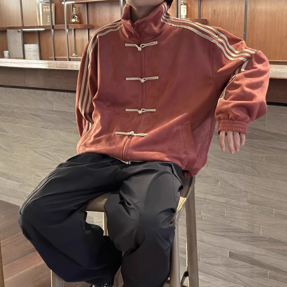 Suede Stand Collar Buckle Jacket For Men