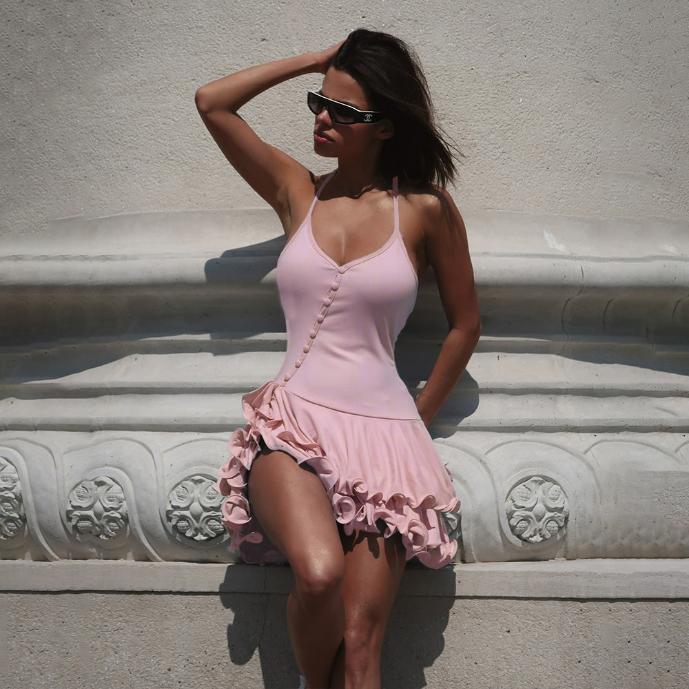 Summer New Halter Ruffled Single-breasted Design Dress