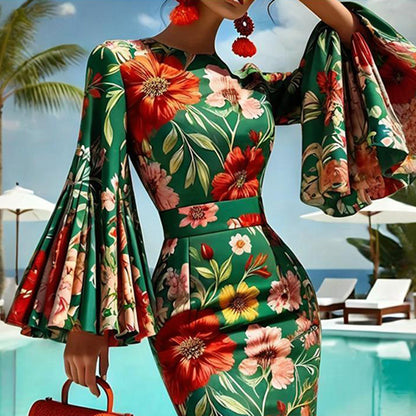 Women's Floral Print Round Neck Bodycon Dress Vibrant Red &amp; Green Fit Flare Summer Dress With Bell Sleeves