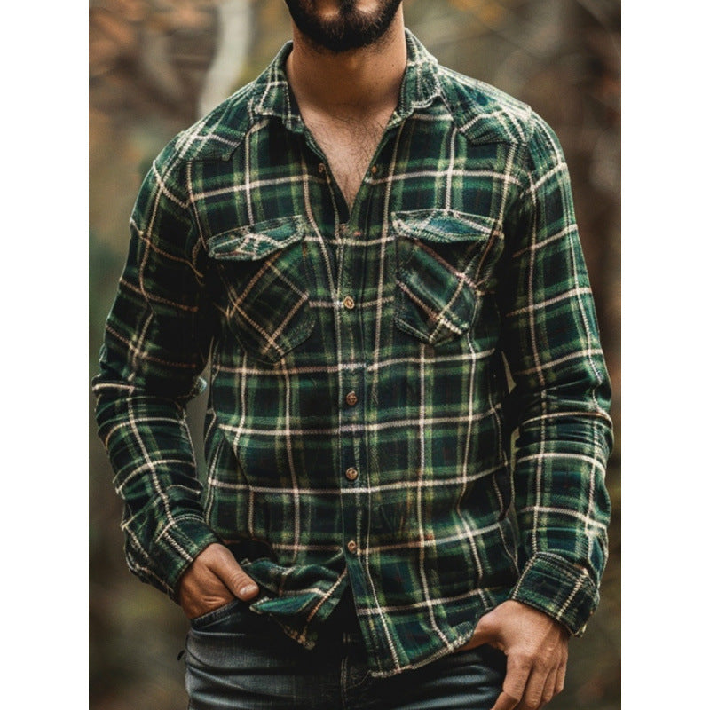 Men's Plaid Printed Fleece-lined Pocket Shirt