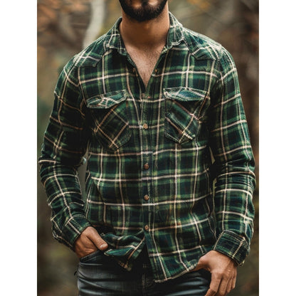 Men's Plaid Printed Fleece-lined Pocket Shirt