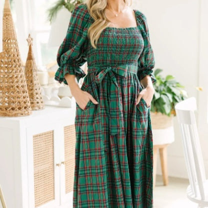 Green Tartan Plaid Square Neck Puff Sleeve Knot Waist Flared Midi Dress