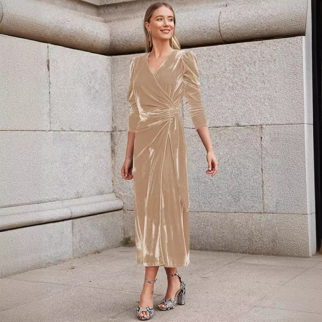 Women's polyester dress, French style, V-neck, elegant, evening sleeve.
