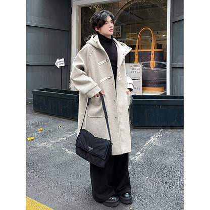 High-grade Woolen Horn Button Hooded Coat Medium length