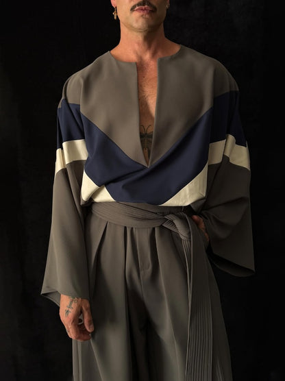 Gray Color-Block Top And Wide-Leg Pants Set 
