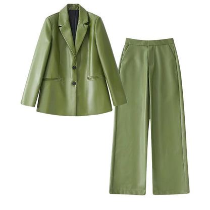 Women Casual Loose Fitting Suit Pants Faux Leather Set