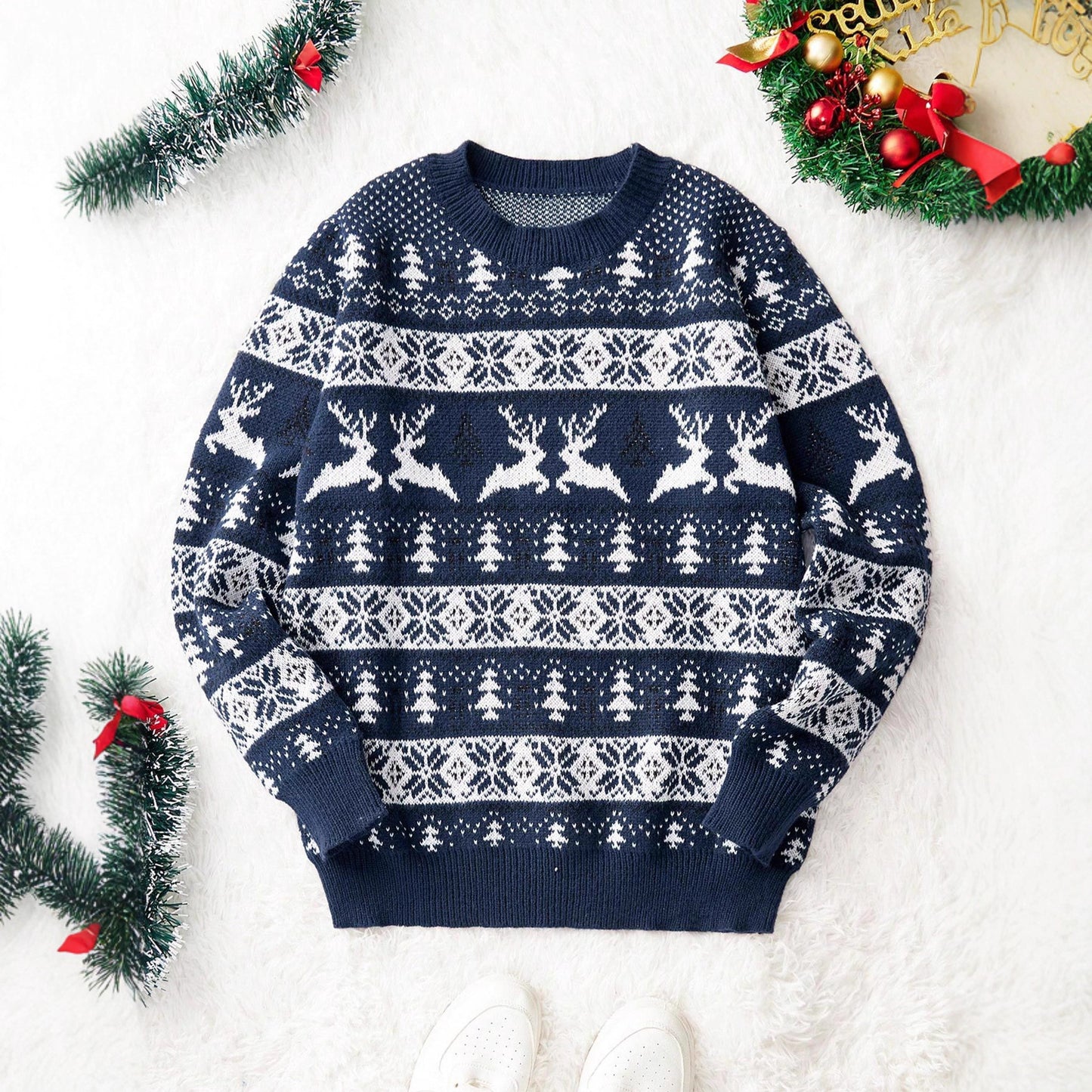 Men's Christmas Sweater, Round Neck, Loose Fit, Jacquard Knitwear