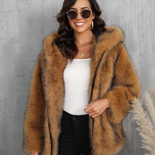 Leather Fur Solid Color Loose Hooded Short Collar Coat
