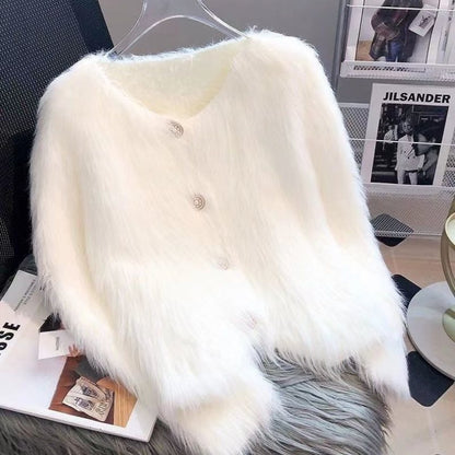 Women's Faux Mink Velvet Knit Cardigan Sweater Coat, Thickened For Autumn And Winter 2025, New Short European Style, Soft And Plush