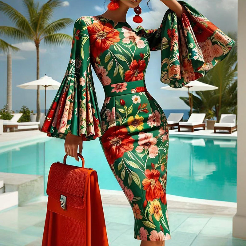 Women's Floral Print Round Neck Bodycon Dress Vibrant Red &amp; Green Fit Flare Summer Dress With Bell Sleeves