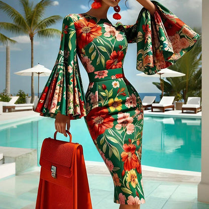 Women's Floral Print Round Neck Bodycon Dress Vibrant Red &amp; Green Fit Flare Summer Dress With Bell Sleeves