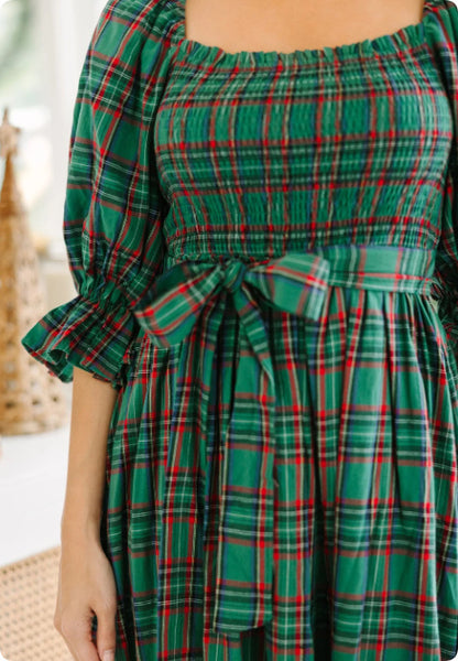 Green Tartan Plaid Square Neck Puff Sleeve Knot Waist Flared Midi Dress
