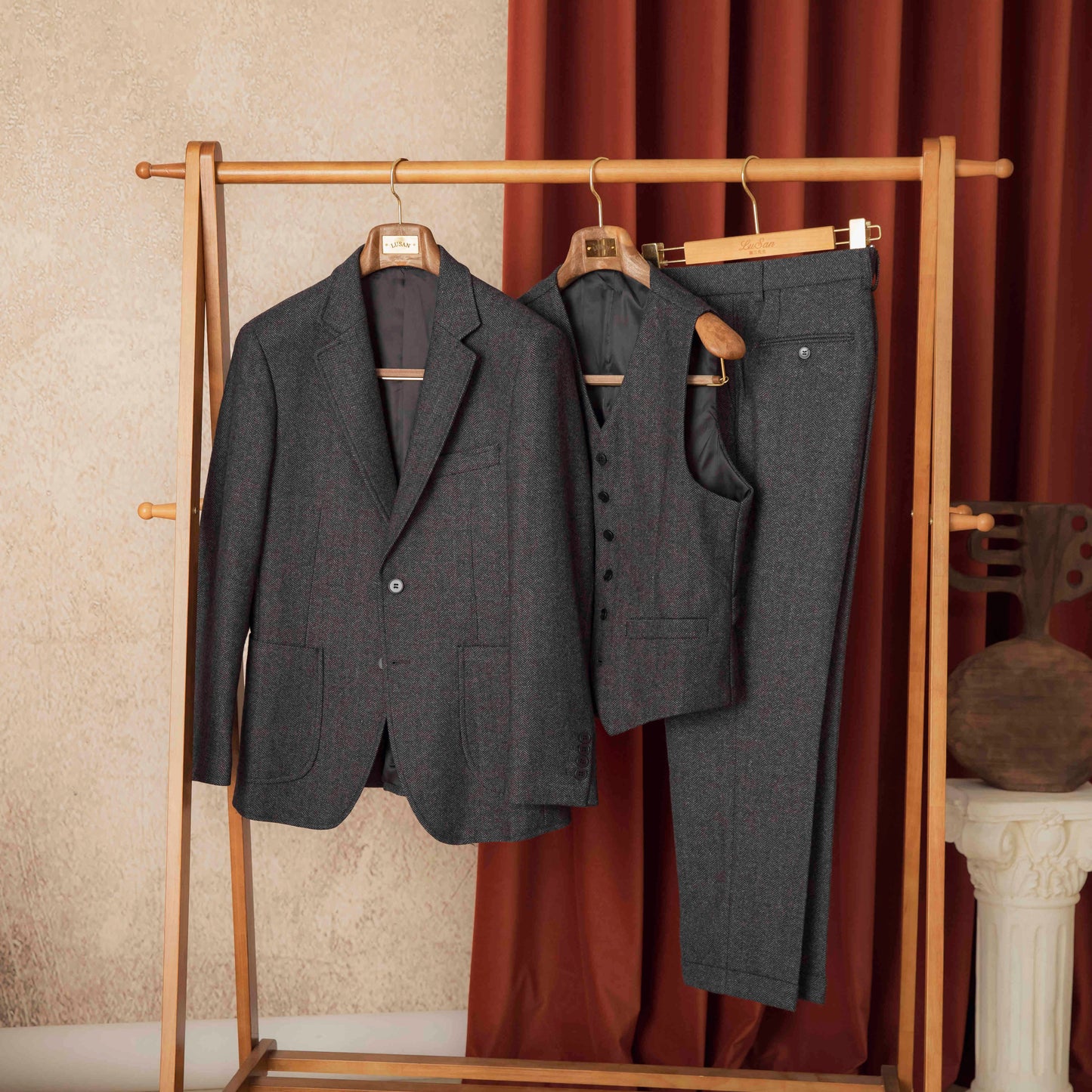 Men's Autumn Winter Retro Herringbone Wool Slim Fit Suits