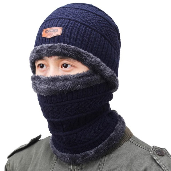 Men's Winter Hat, Warm Ear Protection, Fleece Knitted Hat, Thickened Scarf, Two-Piece Set