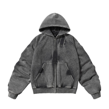 Winter American Retro Washed Distressed Hooded Fleece Lined Sweater