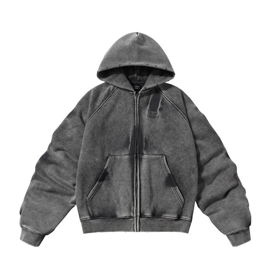 Winter American Retro Washed Distressed Hooded Fleece Lined Sweater