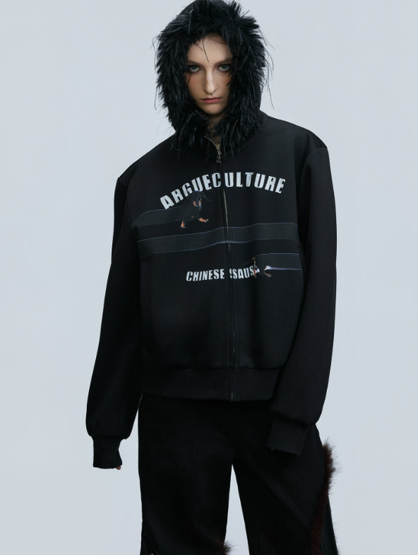 Original Retro Fur Collar Hood Sweater Cardigan Diamond Baggy Coat