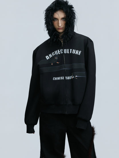 Original Retro Fur Collar Hood Sweater Cardigan Diamond Baggy Coat