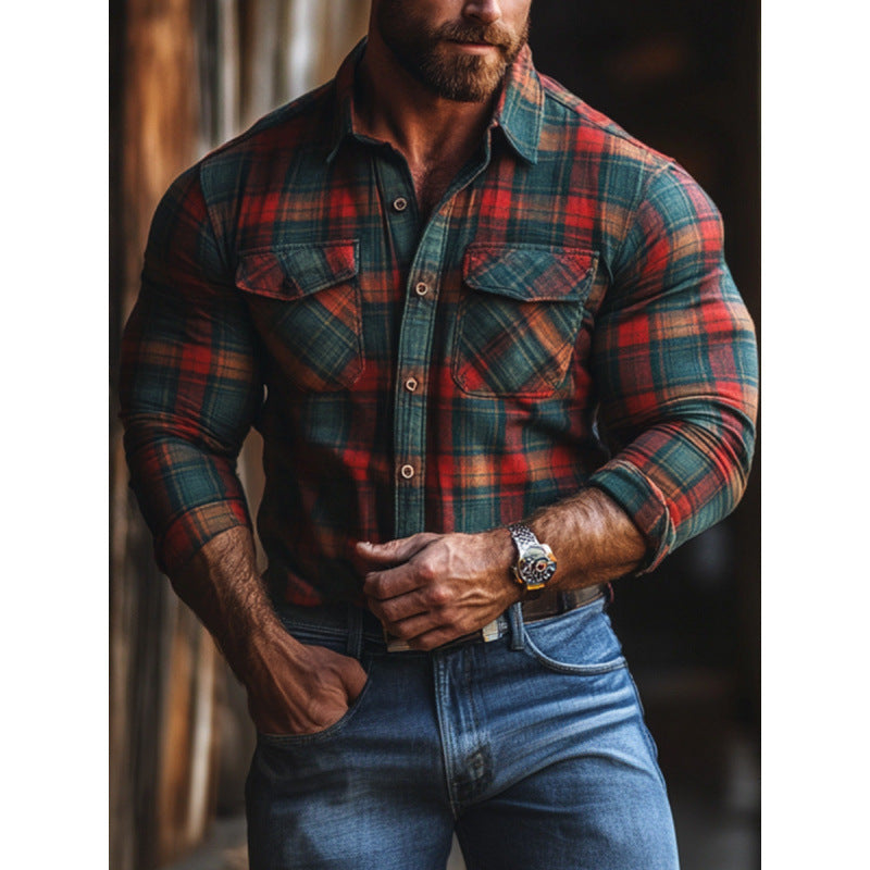 Men's Plaid Printed Fleece-lined Pocket Shirt