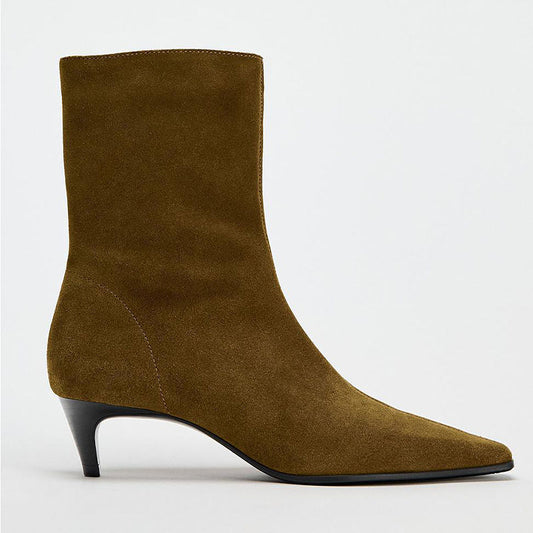 Square Toe High Heel Middle Boots Side Zipper Retro Kitten Heel Booties