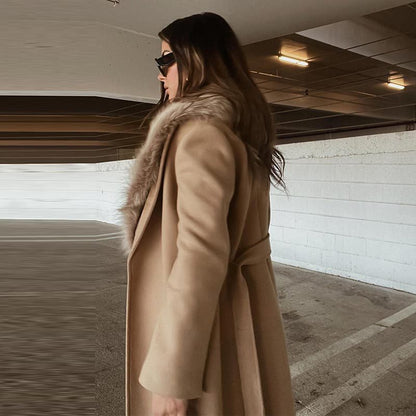 Women's Fur Collar Long Woolen Coat