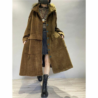 Corduroy Plus Size Women's Coat, Medium Length