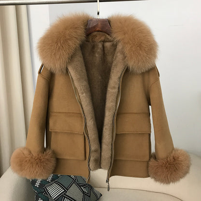 Short double-sided wool overcoat for autumn and winter. Velvet.