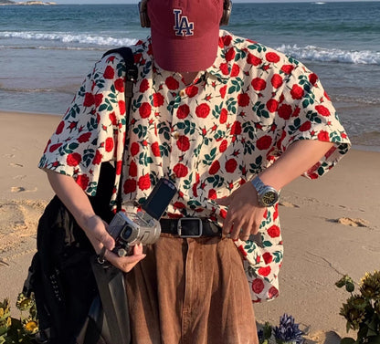 Retro pink printed summer short-sleeved shirt