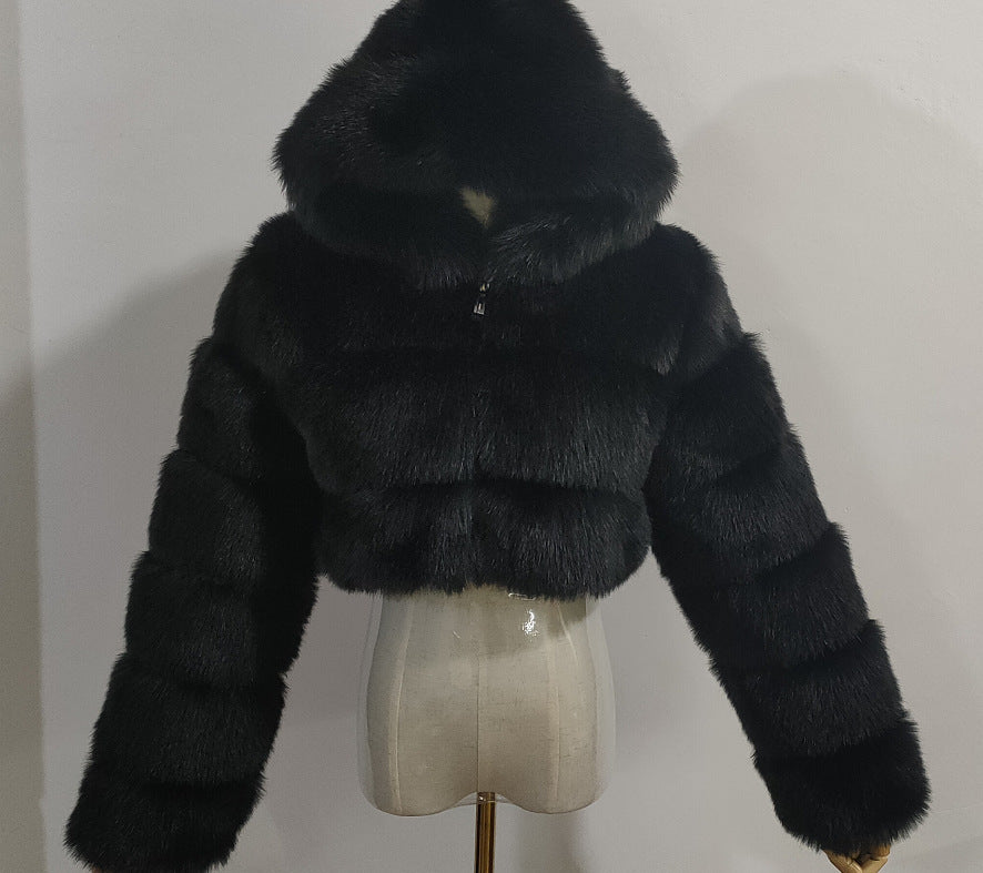 Short Hood Fox Fur Feminino Long Sleeve Stitching Coat