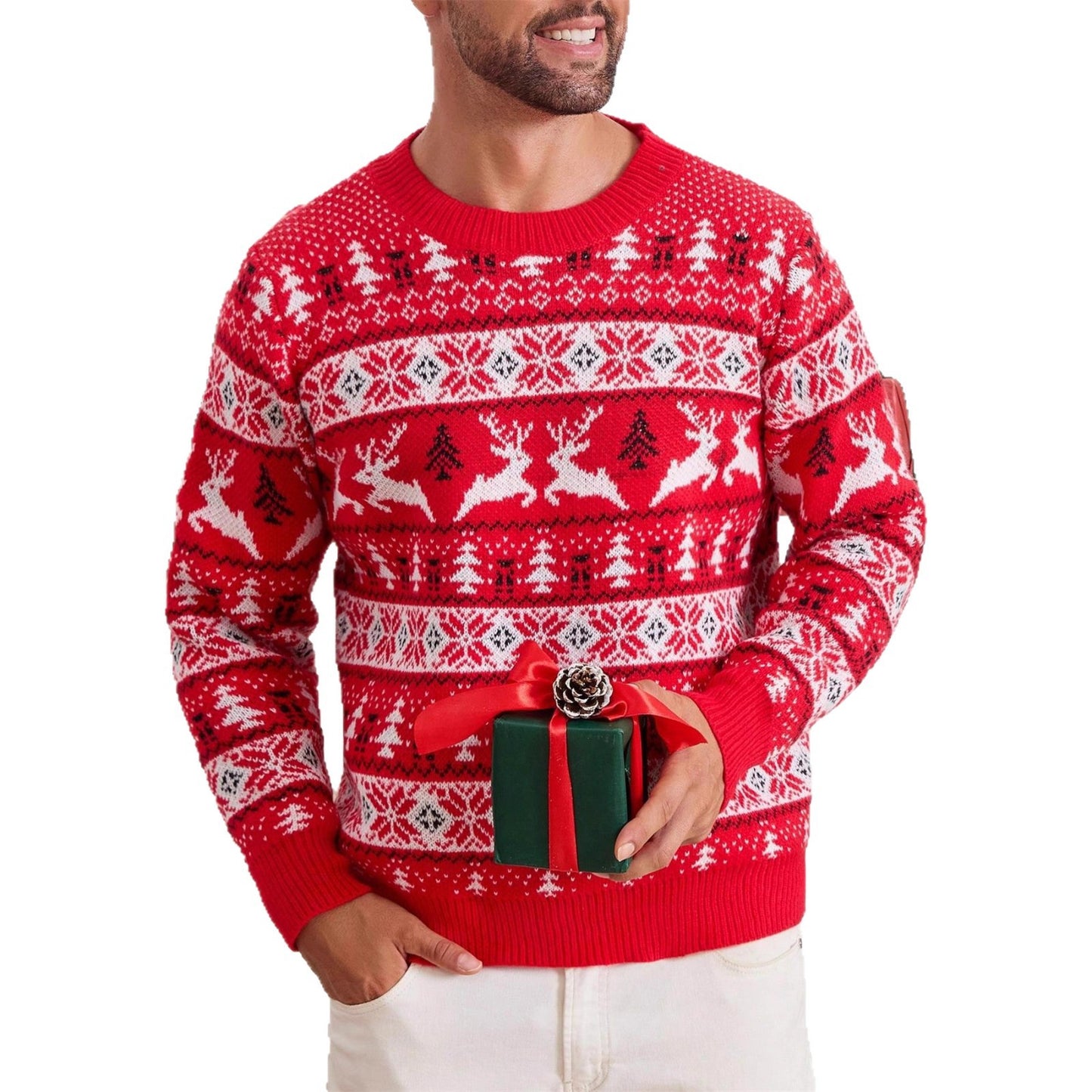 Men's Christmas Sweater, Round Neck, Loose Fit, Jacquard Knitwear