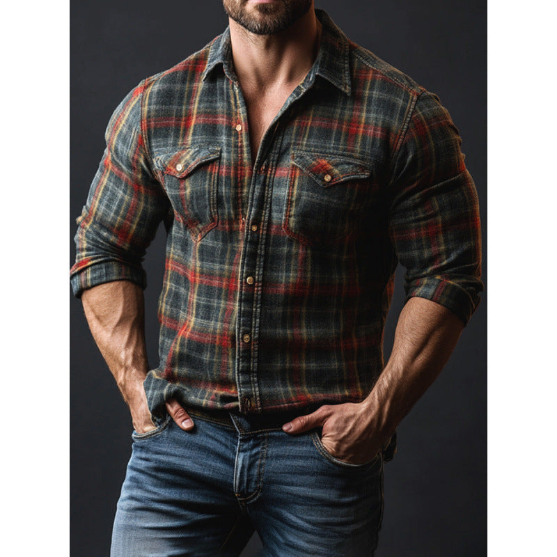 Men's Plaid Printed Fleece-lined Pocket Shirt