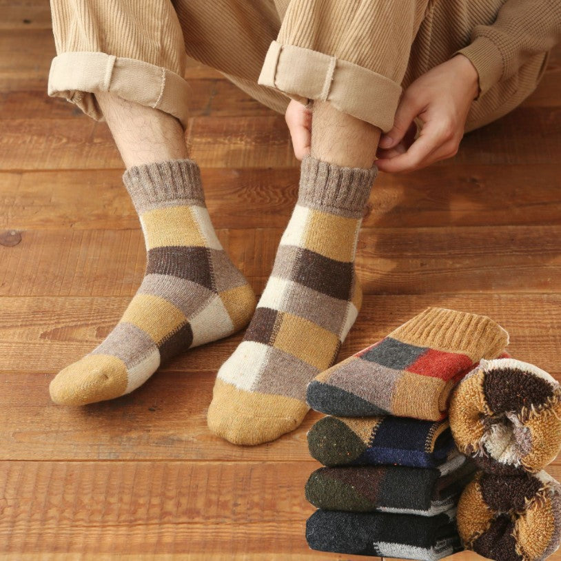 Men's Thick Wool Socks, Plush, Warm, Retro Checker