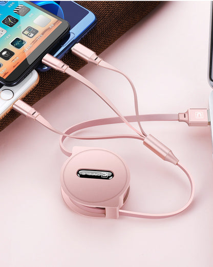 Telescopic three-in-one mobile phone charging cable, multi-function, multi-head.