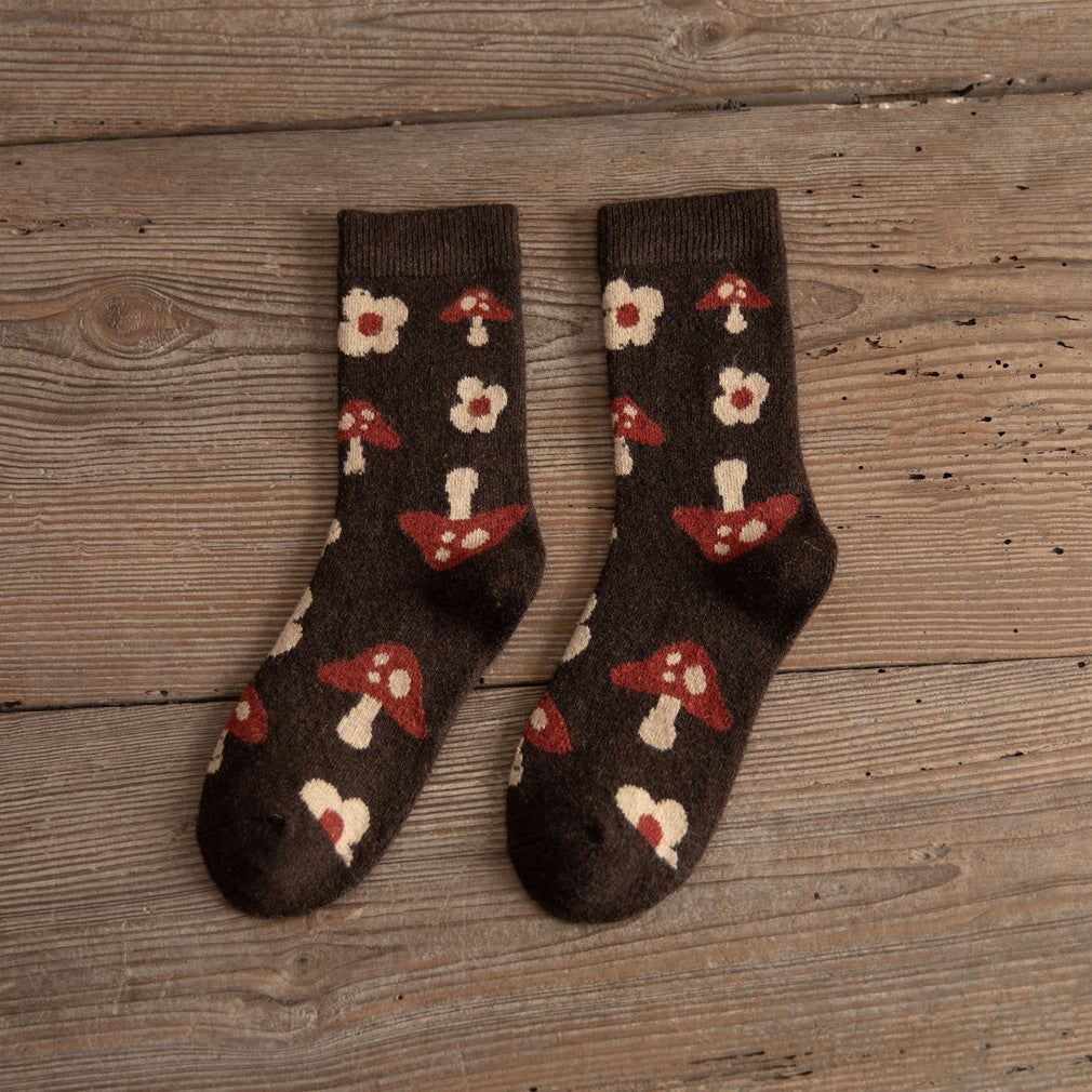 Medium Tube Thickened Brown Mushroom Wool Socks for Women