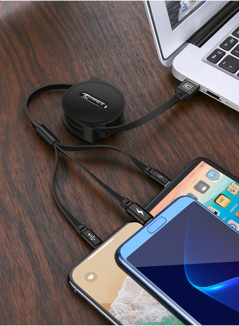 Telescopic three-in-one mobile phone charging cable, multi-function, multi-head.