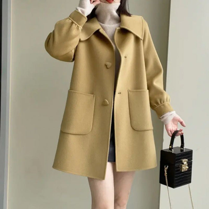 Medium Heart Buckle Slim Fit Woolen Coat Younger Peter Pan Collar Children