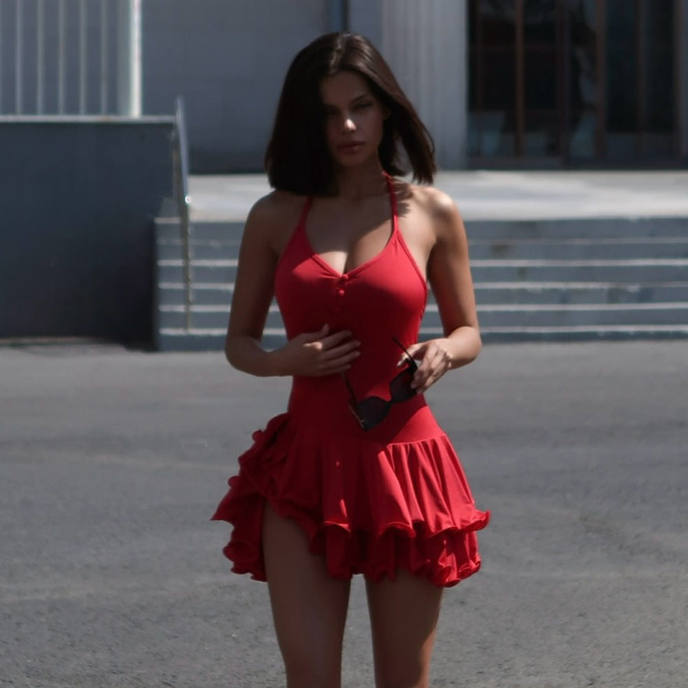 Summer New Halter Ruffled Single-breasted Design Dress