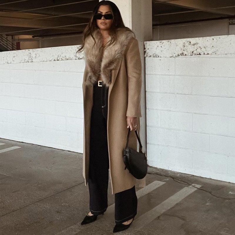 Women's Fur Collar Long Woolen Coat