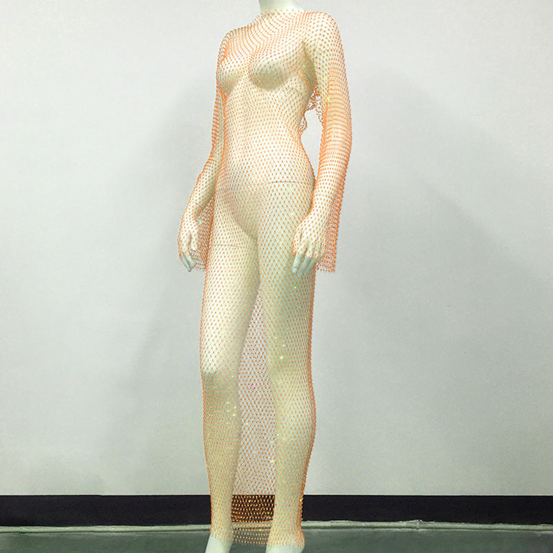 Women's Rhinestone Fishnet Mesh Sexy Slit Fishnet Dress