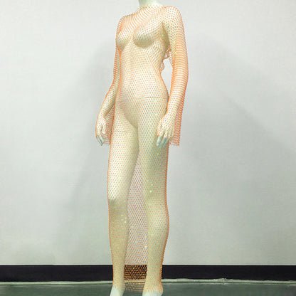 Women's Rhinestone Fishnet Mesh Sexy Slit Fishnet Dress