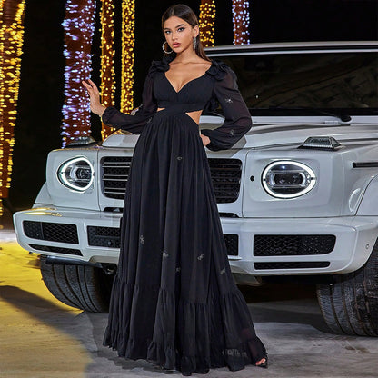 Elegant Chiffon Stitching Midriff Outfit Large Swing Stool Dress