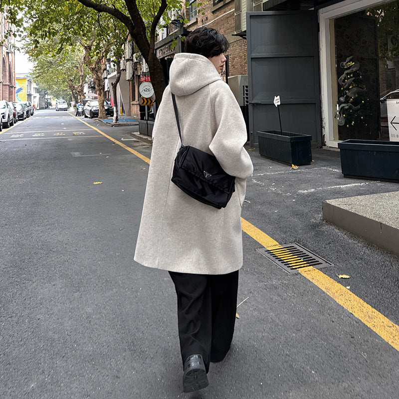 High-grade Woolen Horn Button Hooded Coat Medium length